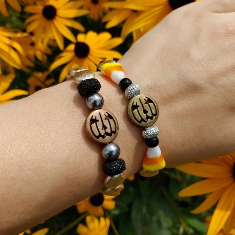 Halloween Pumpkin Bracelets - Set of 2 Handmade Beaded Stretchy Bracelets